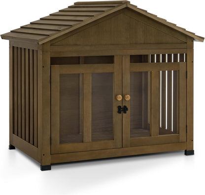 MCombo Wooden Dog House Furniture, Solid Wood Pet Kennel Indoor for Small/Medium Dogs, JD54 (Brwon, Medium)