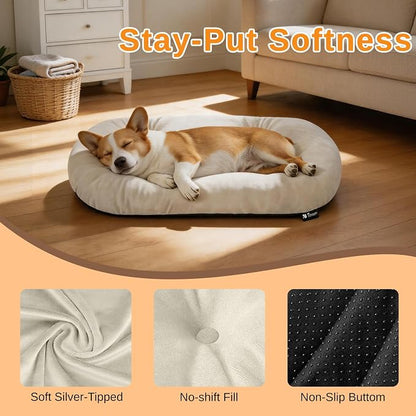 Washable Oval Dog Bed forX-Large Dogs,Silver-Tipped High-Resilience,Beige | Non-Slip Bottom Prevents Sliding, Soft Plush Short Fur, Machine Washable, Ideal for Crates/Apartments/Cozy Nooks,41"x27"x3.6"