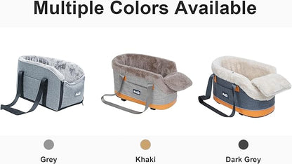 Pet Car Center Console Elevated Armrest Car Seat for Small Puppy, Dogs & Cats (Up to 10 lbs) – Dark Gray Washable Plush Carrier with Safety Leash, Fits Front Vehicle Console Space (Khaki)