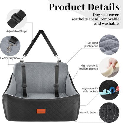Dog Car Seat for Medium & Large Dogs Up to 55lbs, Memory Foam Cushion, Washable Cover, Safety Straps & Non-Slip Base(Black/Grey,Large)