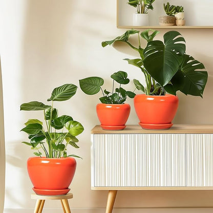Ceramicfor Indoor Plant Pot 8 Inch - Ceramic Plant Pot with Drainage Hole and Saucer, Glaze Decorative Modern Round Planter for Outdoor Plants, Housewarming Gifts, Office Home Garden Decor, Orange