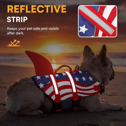 Shark Dog Life Vest for Swimming, Pet Life Vests for Boating, High Buoyant DogLife Jacket, Ripstop High Flotation Swimsui for Small, Medium, Large Dogs (USA Flag,XS)