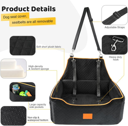 Dog Car Seat for Large/Medium Dog, Booster Seat for Dogs Under 55Lbs or 2 Small, Detachable and Washable Travel Pet Seat with Thick Cushion and Storage Pockets (Black)