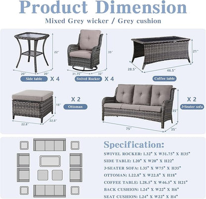 Belord Wicker Patio Furniture Sets - 13 Piece Outdoor Rattan Furniture Conversation Sets with 4 Swivel Rocker Chairs, 2 Rattan Sofas, Wicker Ottomans and Coffee Table, Mixed Grey/Grey