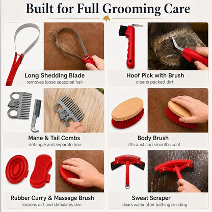 Horse Grooming Kit, 15-Piece Horse Brush Set with Red Tote Bag, Long Shedding Blade, Hoof Pick, Curry Comb, Sweat Scraper, Mane and Tail Comb, Gloves, Equine Grooming Supplies
