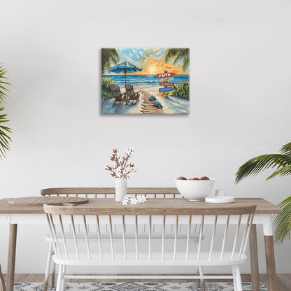 Beach Ocean Bathroom Pictures Wall Art, Seaside Coastal Bathroom Wall Decor, Sunrise Framed Painting Canvas Artwork for Bedroom Living Room Decorations 16"L x 12"W