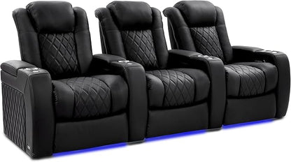Valencia Tuscany Home Theater Seating Semi-Aniline Italian Nappa 20000 Leather Ultimate Luxury Heat & Ventilation Power Recliner Power Lumbar and Headrest (Row of 3, Onyx)