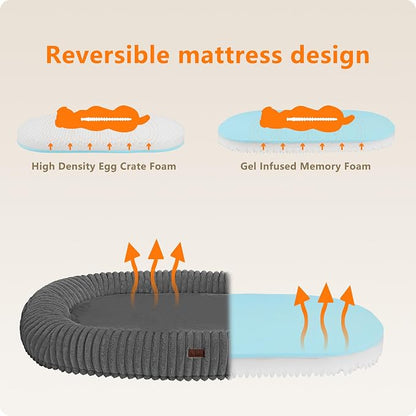 Human Dog Bed for Adult, Orthopedic Gel Memory Foam, 65"x41"x9" | Human Dog Bed Fits Adult & Pets, Reversible Egg-Crate Foam Cushion, Washable Pet Bed with Blanket, Medium Grey