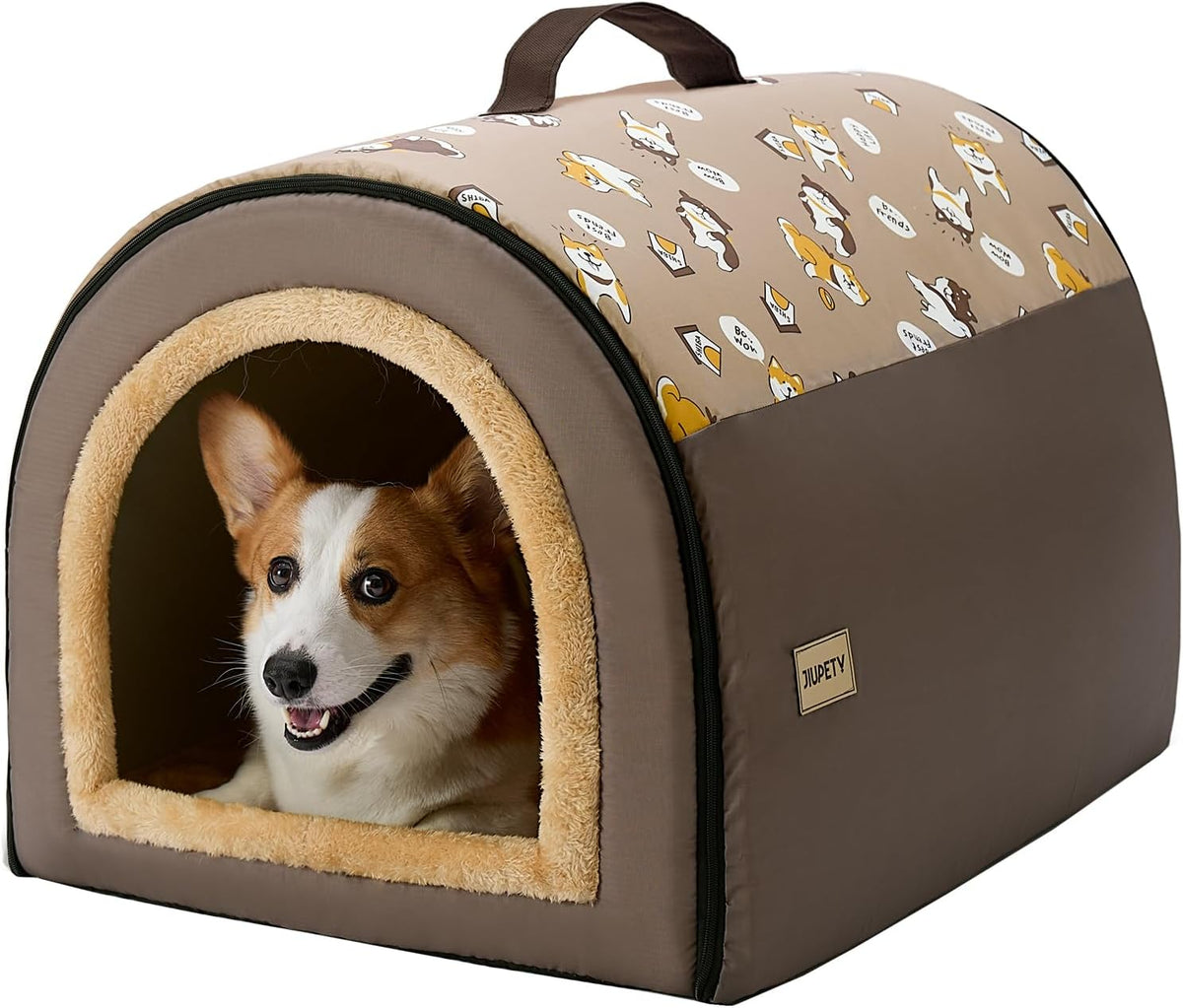 Jiupety Indoor Dog House, 2-in-1 Portable Foldable House Bed with Cover, Pet Tent & Cave Bed for Medium Dogs, XL(29"×21"×20"), Up to 44 Lb, Brown