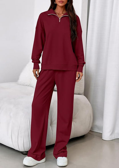 PRETTYGARDEN Womens Casual Two Piece Sets Fall 2026 Outfits Quarter Zip Sweatshirts Straight Leg Pants Sweatsuits Tracksuit