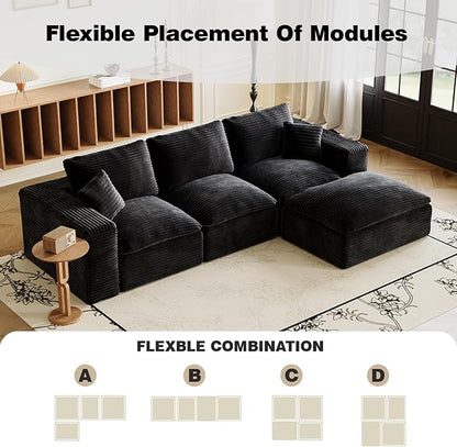 ZIGHTH 108" Plush Corduroy L Shaped Sectional Cloud Sofa Couch with Ottoman, Soft Deep Seat Modular Sectional Couches for Living Room,No Assembly. Black