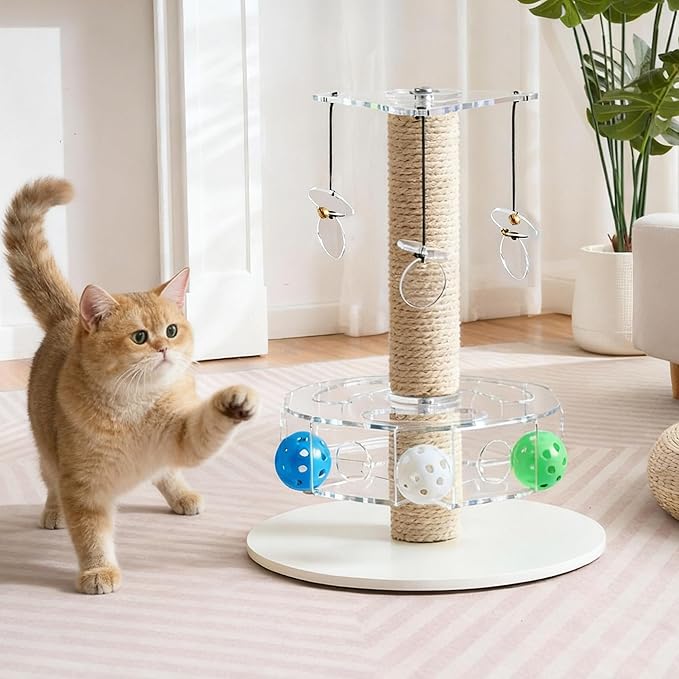 Modern 3-in-1 Interactive Cat Toy with Scratching Post, Rotating Cat Puzzle Toys for Indoor Cats with Colorful Jingle Balls, Spinning Teaser Disc with Dangling Toys, Acrylic, White