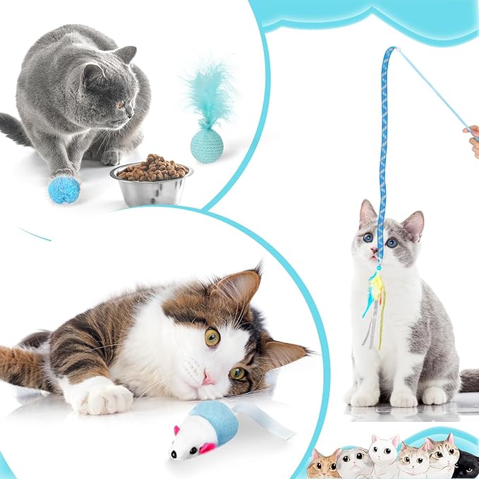 24 Pcs Cat Toys Set Interactive Kitten Toys Pack Including Collapsible Play Tunnel Feather Teaser Wand Fuzzy Ball Springs Pillow Mouse Bells for Indoor Cats Puppy (Blue)