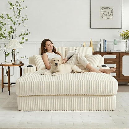 Asukale 60" Oversized Chaise Lounge Chair Indoor, Boneless Cloud Chair Bed with 4 Pillows & Armrests, No Assembly Corduroy Upholstered Sofa for Living Room, Bedroom, Apartment(Beige)