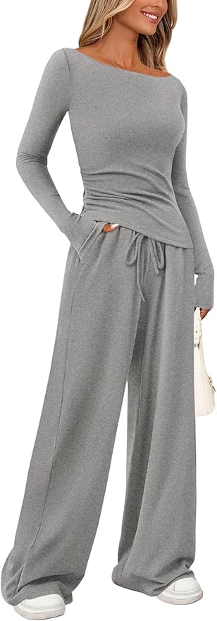 PRETTYGARDEN Women's 2 Piece Lounge Sets Asymmetrical Long Sleeve T Shirt Wide Leg Pants Casual Outfits Tracksuit