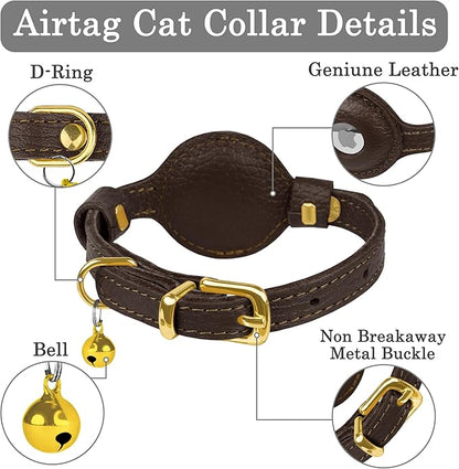 OOPSDOGGY Leather AirTag Cat Collar with Bell - Non Breakaway Kitten Collar with Apple Air Tag Holder - Lightweight GPS Pet Collars for Girl Boy Cats, Small Dogs, Puppies (Dark Brown)