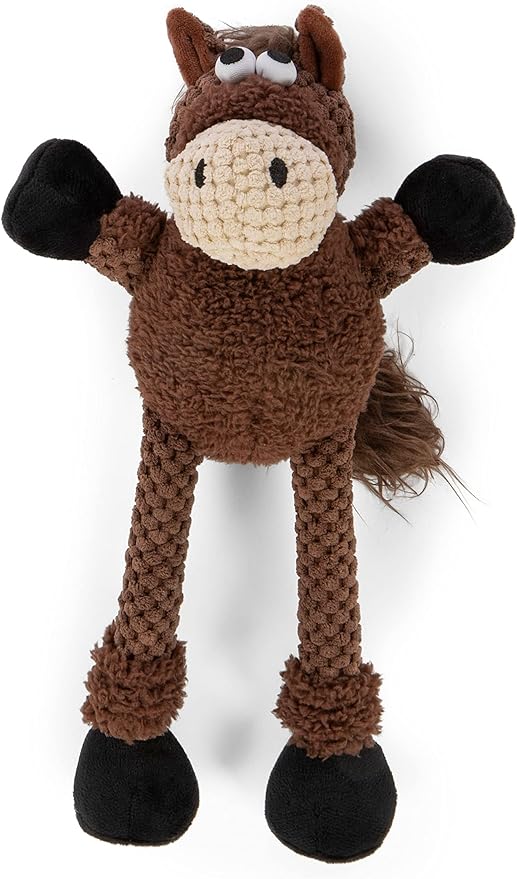 goDog Checkers Skinny Horse Squeaky Plush Dog Toy, Chew Guard Technology - Brown, Small