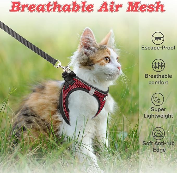 Cat Harness and Leash for Walking Escape Proof, Adjustable Kitten Vest Harness Reflective Soft Mesh Puppy Harness for Outdoor, Comfort Fit, Easy to Control (Red, L)