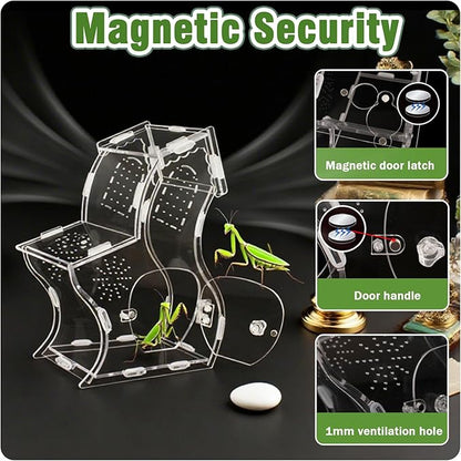 Magnetic Acrylic Enclosure for Jumping Spiders & Small Reptiles – 5.9"x4.7"x9.4" Escape-Proof Habitat with Easy-Feed Magnetic Door, 3mm Thick Clear Terrarium for Tarantulas, Mantis, Geckos & Beetles
