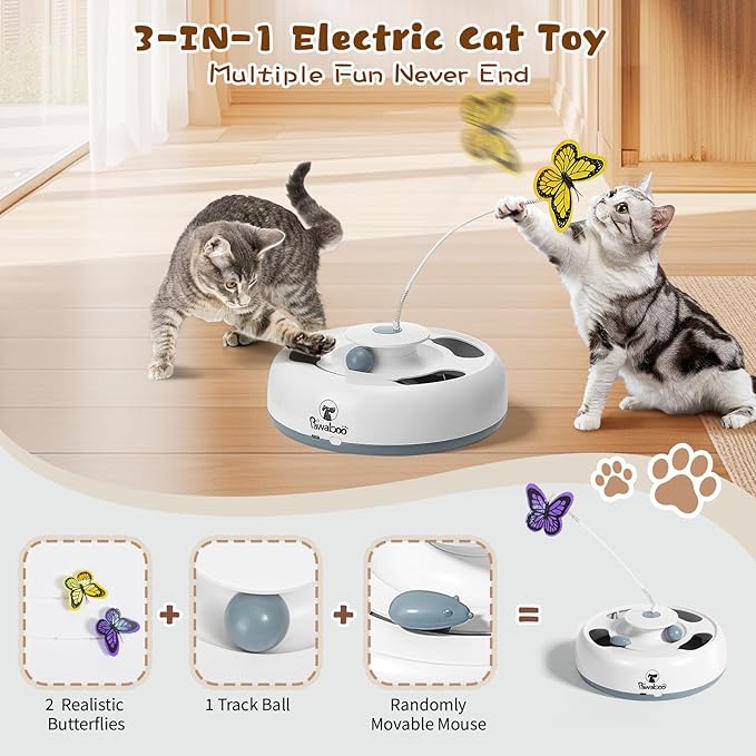 Pawaboo 3-in-1 Automatic Interactive Cat Toy, Electronic Motion Kitten Toy with Fluttering Butterfly Teasers, Track Ball & Random Hide Mouse, USB Rechargeable Cat Teaser Mouse Toys for Indoor Kitties
