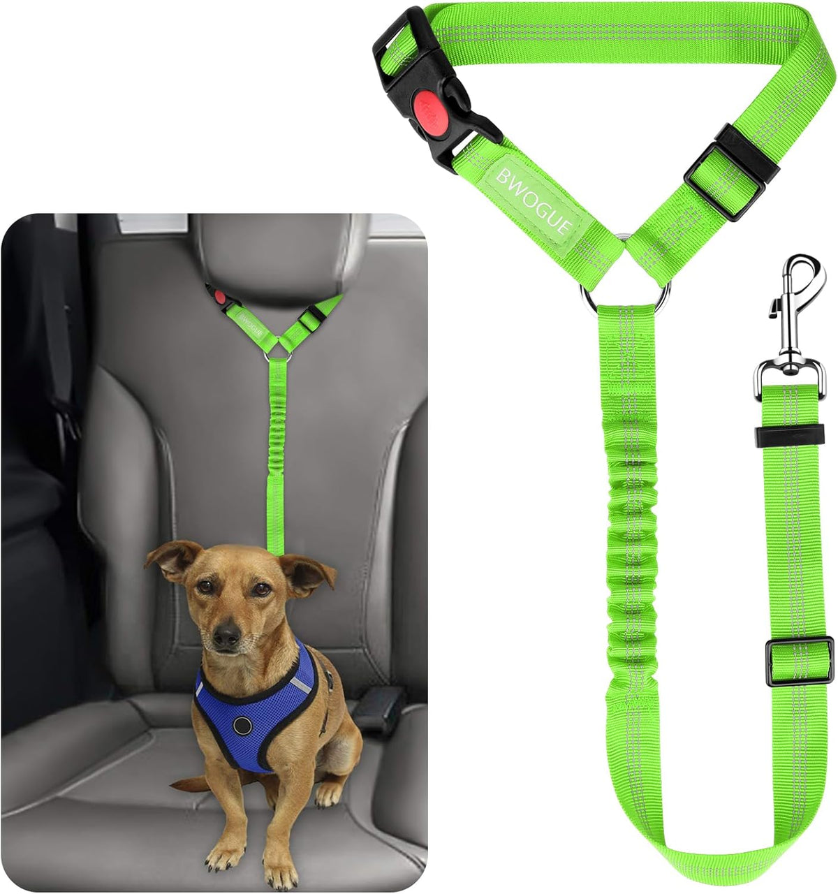 BWOGUE Pet Dog Cat Seat Belt Reflective Car Dog Headrest Restraint Leash Elastic Buffer Bungee Adjustable Tangle-Free Safety Leads Vehicle Seatbelt Harness for Small, Medium and Large Dogs (1 Pack)