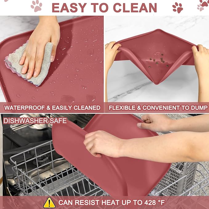 SMILOOL Waterproof Silicone Pet Food Mat with Raised Edge for Dog & Cat | 24" x 16" Non-Slip Pet Feeding Mats with Lip for Food & Water Bowl, Food Grade, Easy Cleaning, Erythrinus