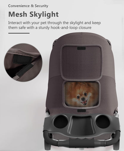 Pet Stroller with 3 Wheels for Small/Medium Pets, Portable Travel Foldable Carrier Jogger for Dog Cat Puppy Kitty, Rear Wheel Breaks, Storage Basket, Visible Mesh with Weather Cover (Coffee)