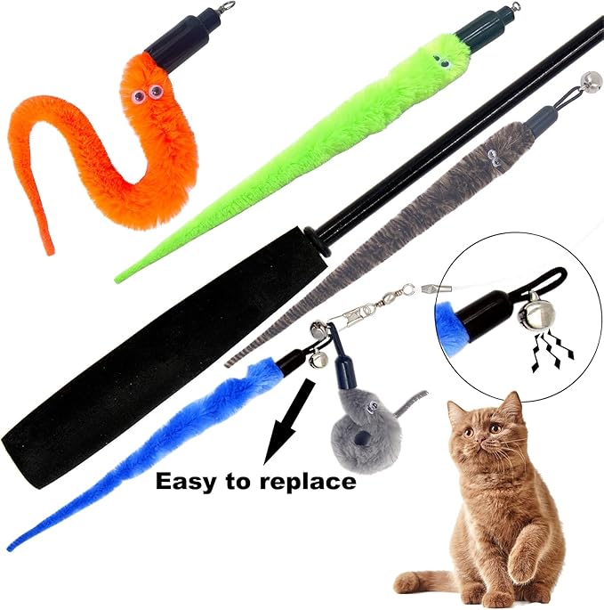 Cat Toy Worm Refills, 24 Pieces Interactive Cat Wand Attachments Worms Toy for Indoor Cats