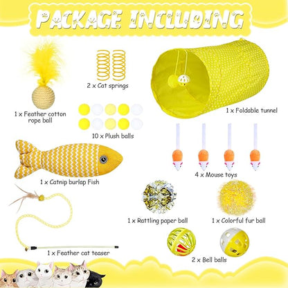 24 Pcs Cat Toys Set Interactive Kitten Toys Pack Including Collapsible Play Tunnel Feather Teaser Wand Fuzzy Ball Springs Pillow Mouse Bells for Indoor Cats Puppy (Yellow,Cute)