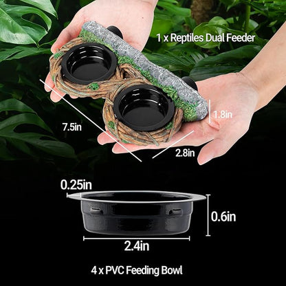 REPTI ZOO Magnetic Reptile Feeding Ledge, Gecko Feeder Ledge with 4PCS Cups, Hollow Vine Food Dish, Reptile Water Bowl for Bearded Dragon Lizard Snake Turtle, Terrarium Tank Accessories
