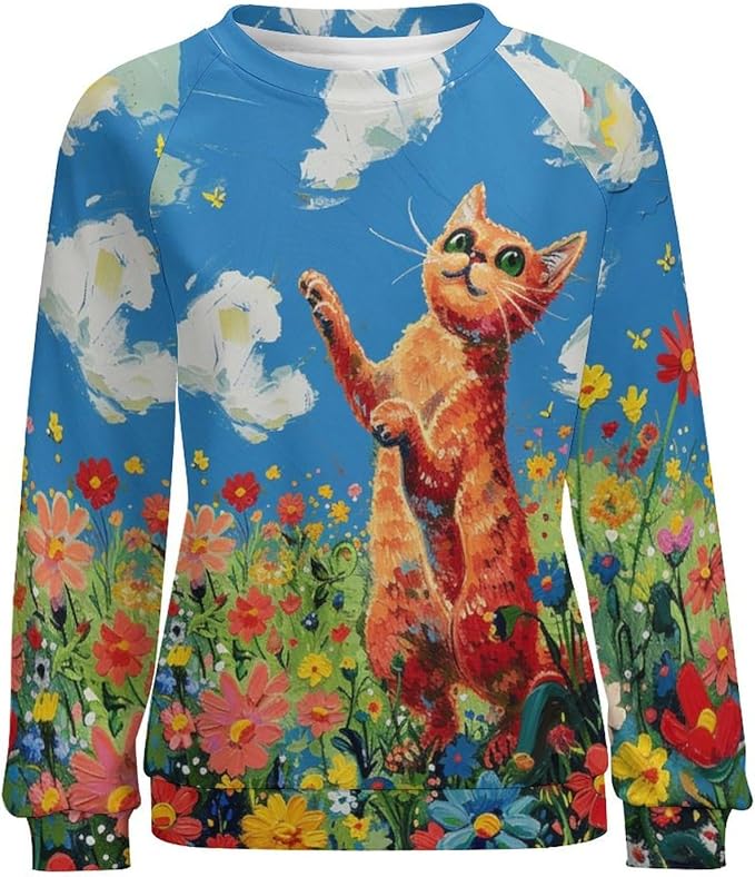 Long Sleeve Shirts for Women Cat Oil Painting Shirt 3D Graphic Sweatshirts Fall Pullover Crewneck Vintage Boho Tops