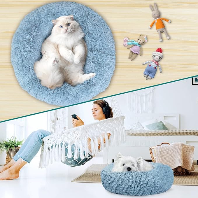 PetAmi Calming Dog Bed for Small Medium Dog Cat, Round Donut Washable, Fluffy Faux Fur Plush Cuddler Pet Kitten Cushion, Anti-Slip, Fits up to 45 lbs, 30 inch, Dusty Blue