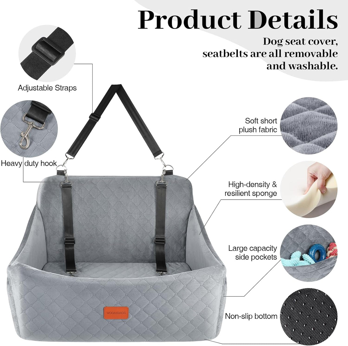 Dog Car Seat for Medium & Large Dogs Up to 55lbs, Memory Foam Cushion, Washable Cover, Safety Straps & Non-Slip Base(Grey,Large)