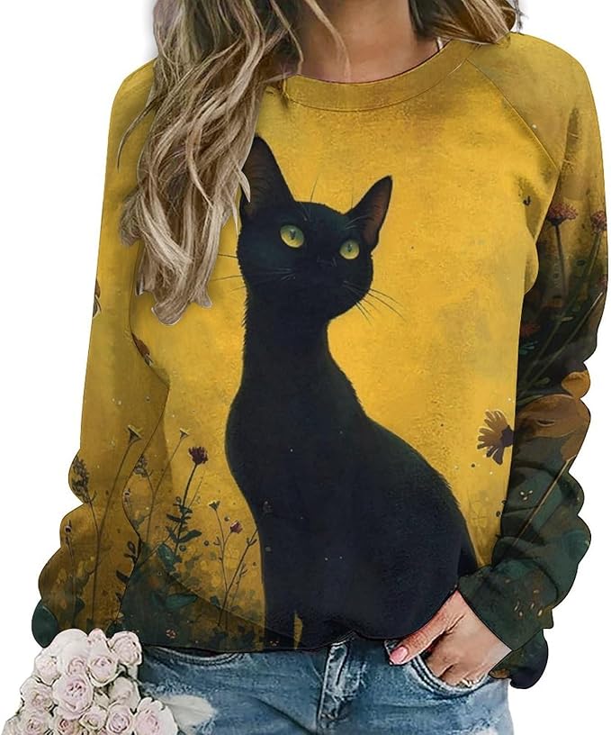 Long Sleeve Shirts for Women Cat Oil Painting Shirt 3D Graphic Sweatshirts Fall Pullover Crewneck Vintage Boho Tops