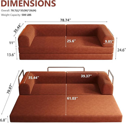 Convertible Sleeper Sofa Bed Boneless Cloud Comfort Orange Futon Couch for Lounging & Sleeping, Removable & Washable Corduroy Sofa Cover, Floor Sofa Folding Mattress for Guests, Small Spaces