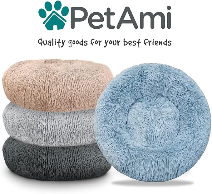 PetAmi Calming Dog Bed for Small Medium Dogs and Cats, Round Donut Washable Fluffy Faux Fur Plush Cuddler Pet Kitten Cushion, Anti-Slip, Fits up to 45 lbs, 30 inch, Light Gray