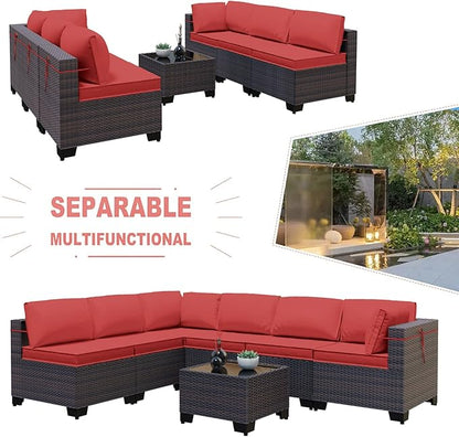 Kullavik 7 Pieces Outdoor Patio Furniture Set,Sectional Rattan Sofa Set Brown PE Rattan Wicker Patio Conversation Set with Tempered Glass Coffee Table and Washable Cushions Covers,Red