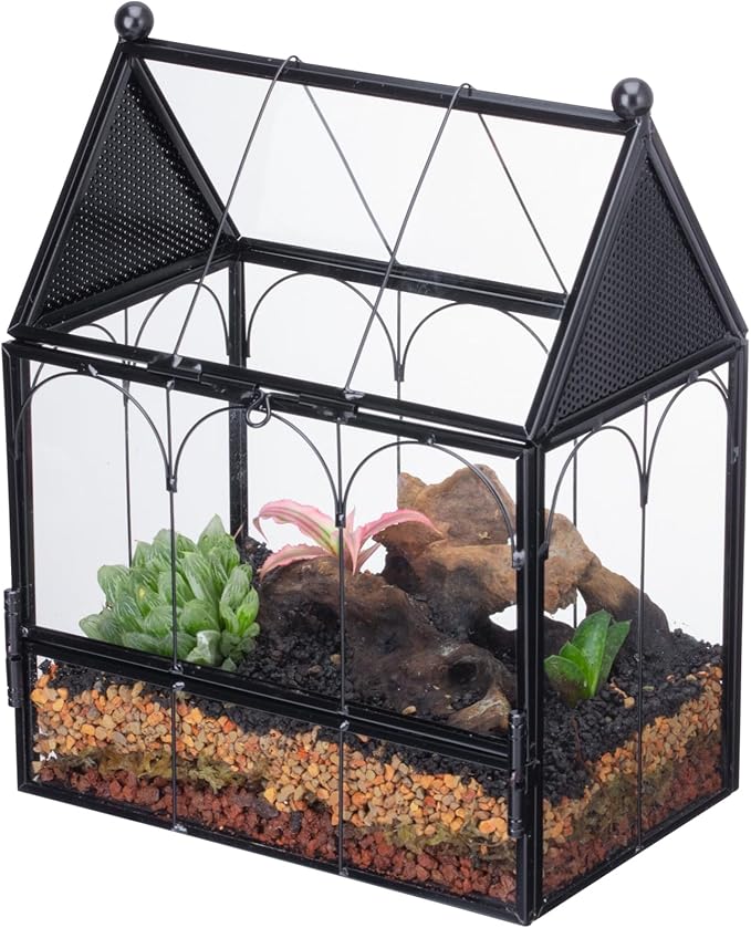 NCYP Small Glass Terrarium Enclosure with Mesh for Jumping Spiders, Micro House Shaped Small Spiders Vented Glass Terrarium, Home Decor Black, 5.8" x 3.8" x 7" (No Plants)