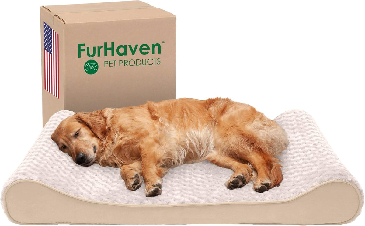 Furhaven Orthopedic Dog Bed for Large Dogs w/ Removable Washable Cover, For Dogs Up to 75 lbs - Ultra Plush Faux Fur & Suede Luxe Lounger Contour Mattress - Cream, Jumbo/XL