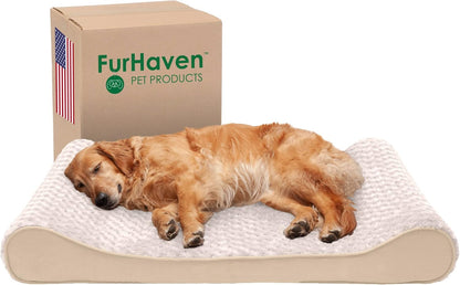 Furhaven Orthopedic Dog Bed for Large Dogs w/ Removable Washable Cover, For Dogs Up to 75 lbs - Ultra Plush Faux Fur & Suede Luxe Lounger Contour Mattress - Cream, Jumbo/XL