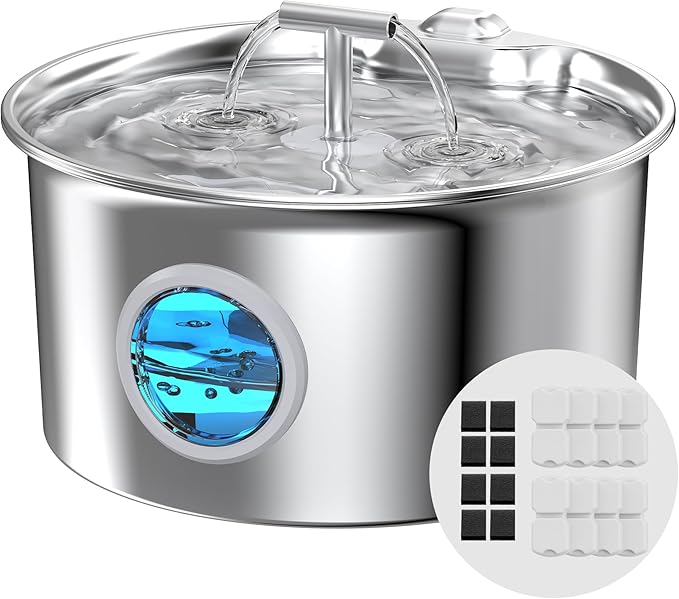 Cat Water Fountain Stainless Steel: Water Dispenser for Cats Indoor - Pet Dispenser Supplies Accessories - 16 Pack Cat Water Fountain Replacement Filters - 8 Multi-Functional Filters and 8 Sponges