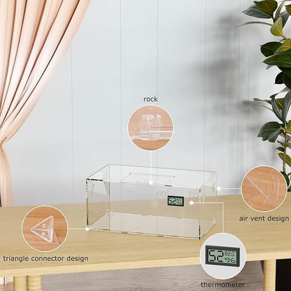 Acrylic Tarantula Enclosure, Reptile Terrarium Breeding Tank w/Temperature Hygrometer,Habitat Reptiles Feeding Box Isopod Terrarium Cage for Insect Lizard Home Office (Reptile-Tank-L(No Tray))