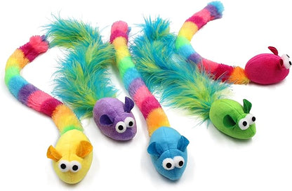 5 Pack Interactive Catnip and Feather Cat Toys, Multi-Colored Mice with Long Feather Tail, Accessories for Indoor Cat, Catnip Plush Toys with Natural Feathers and Rattles