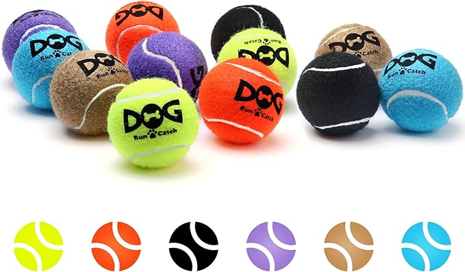 Squeaky Tennis Balls for Dogs - 12 Pack 2.5'' Durable Non-Toxic Outdoor Dog Toys Balls with Mesh Bag, SGS Certified, Colorful Fetch Toys, Medium Large Breeds