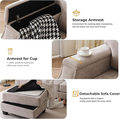Rukefo 85" Sectional Sofa Couch with Storage Ottoman,L Shaped Couch with Armrest Organizer,3-Seater Sofa,Small Modular Couches for Living Room,Bedroom,Apartment,Chenille,Khaki