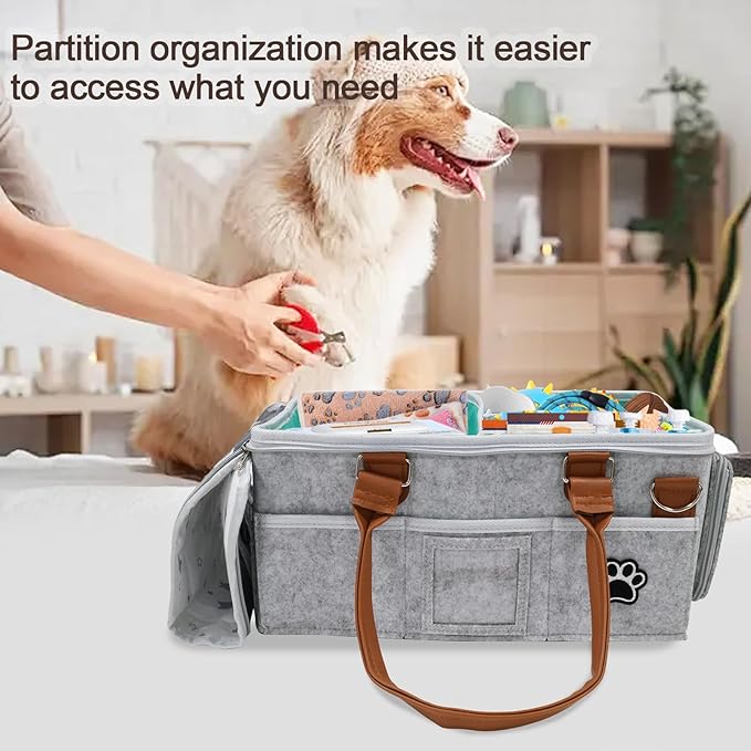 Felt Dog Grooming Bag,Portable Tote Bag for Dog and Cat,Puppy Storage Organizer for Grooming Tool Kit,3 Compartments Pet Stuff Oganizer with 8 Pockets
