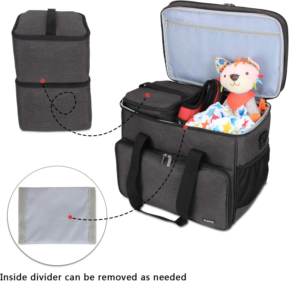 Teamoy Double Layer Dog Travel Bag, Dog Bag for Supplies with 2 Silicone Collapsible Bowls, 2 Food Carriers, 1 Water-Resistant Placemat, Pet Supplies Weekend Tote Organizer (Large, Black)