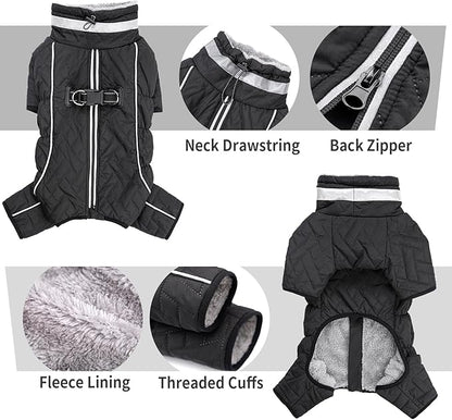 Four Legged Dog Winter Coat for Small Dogs, Warm Puppy Onesie Clothes Christmas, Reflective Turtleneck Dog Jacket with Buckles & D-Rings, Puffer Cold Weather Coat Zipper