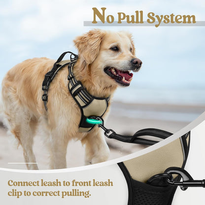 rabbitgoo Dog Harness No Pull with 2 Leash Clips, Adjustable Soft Padded, Reflective Oxford No Choke Pet Vest with Easy Control Handle for Large Dogs, Beige, L