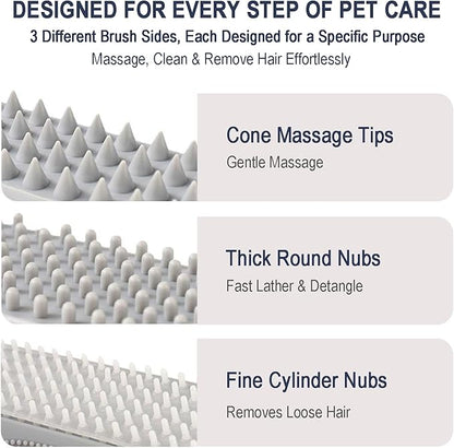 Triangular Wrap-Around Pet Grooming & Bath Brush for Dogs & Cats – 3-in-1 Silicone Dog Bath Brush with Deshedding Bristles, Massage Cones & Deep Cleaning Nubs, Soft Flexible Self-Cleaning Design,Pink